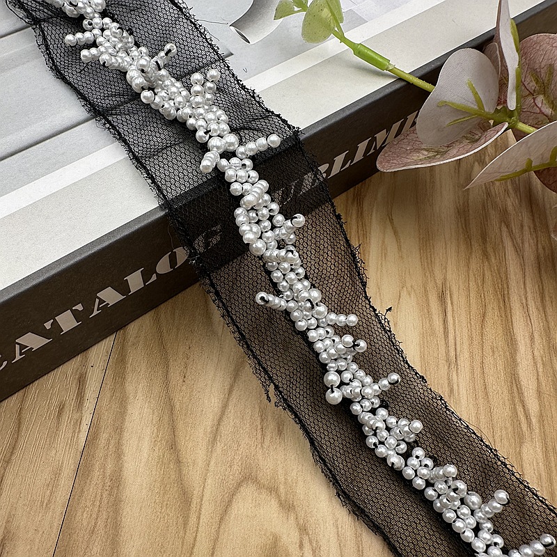 Crystal Mesh Fabric - 45cm Pearl Beaded Trim Bridal Lace