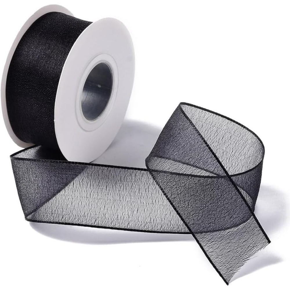 Organza Ribbon Spool - 1 Inch Black Organza Ribbon Wired